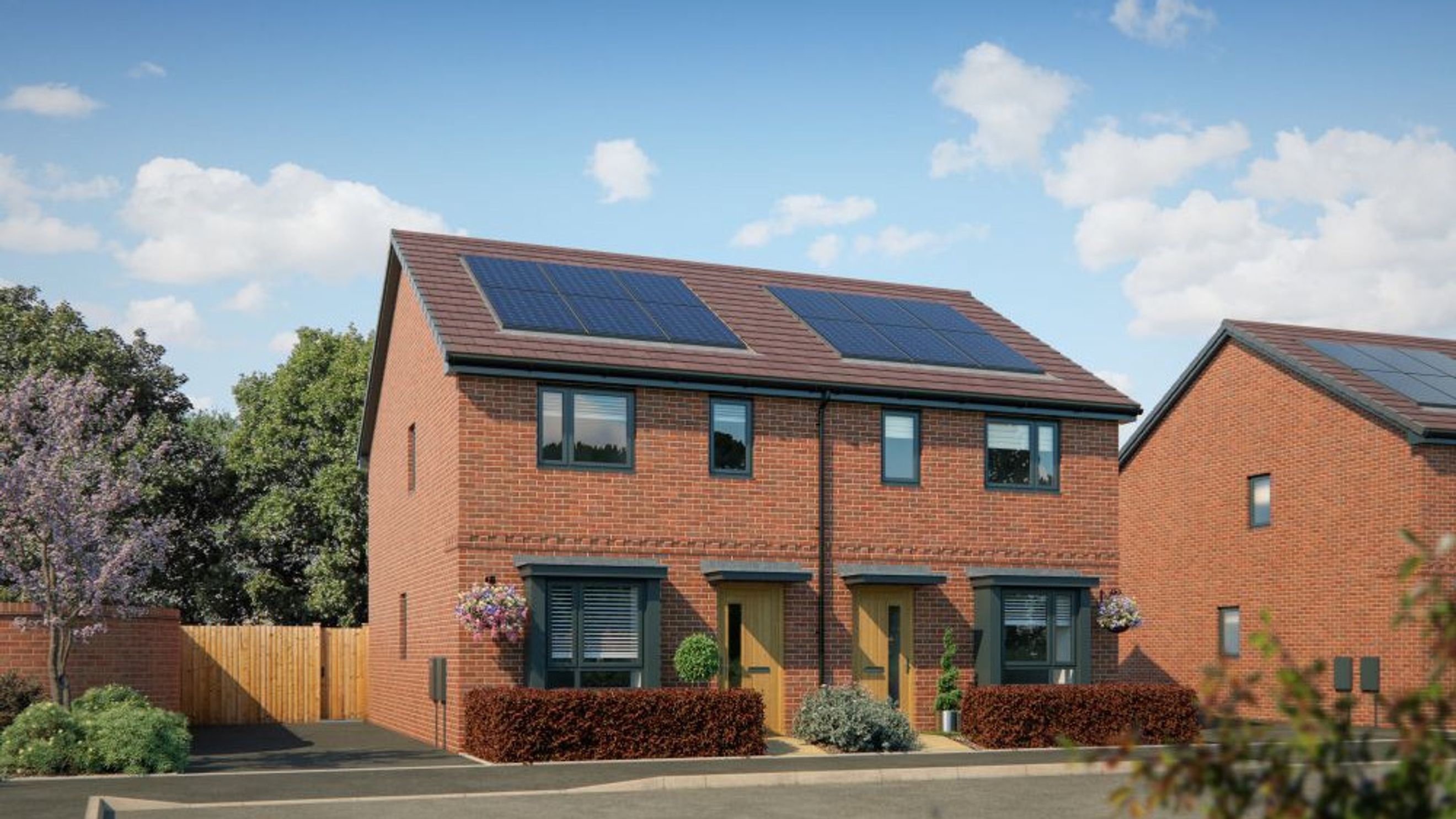 A modern brick semi-detached house with solar panels on the roof, windows, doors, and a driveway.