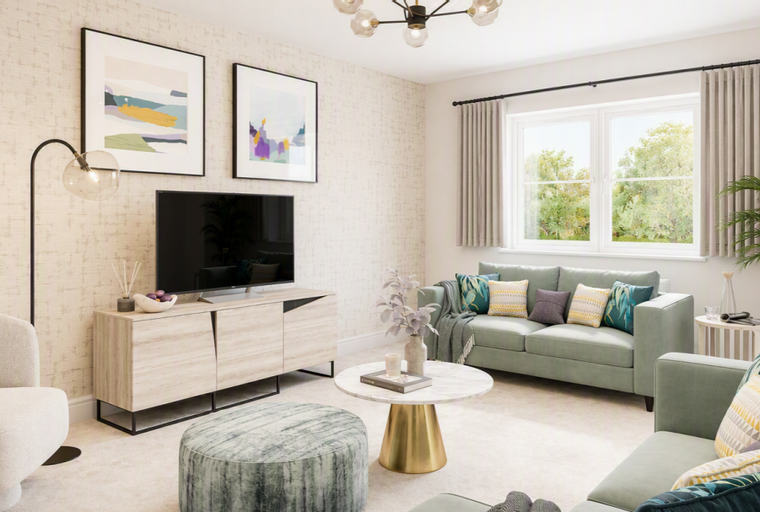A living room with a sofa, coffee table, and television.