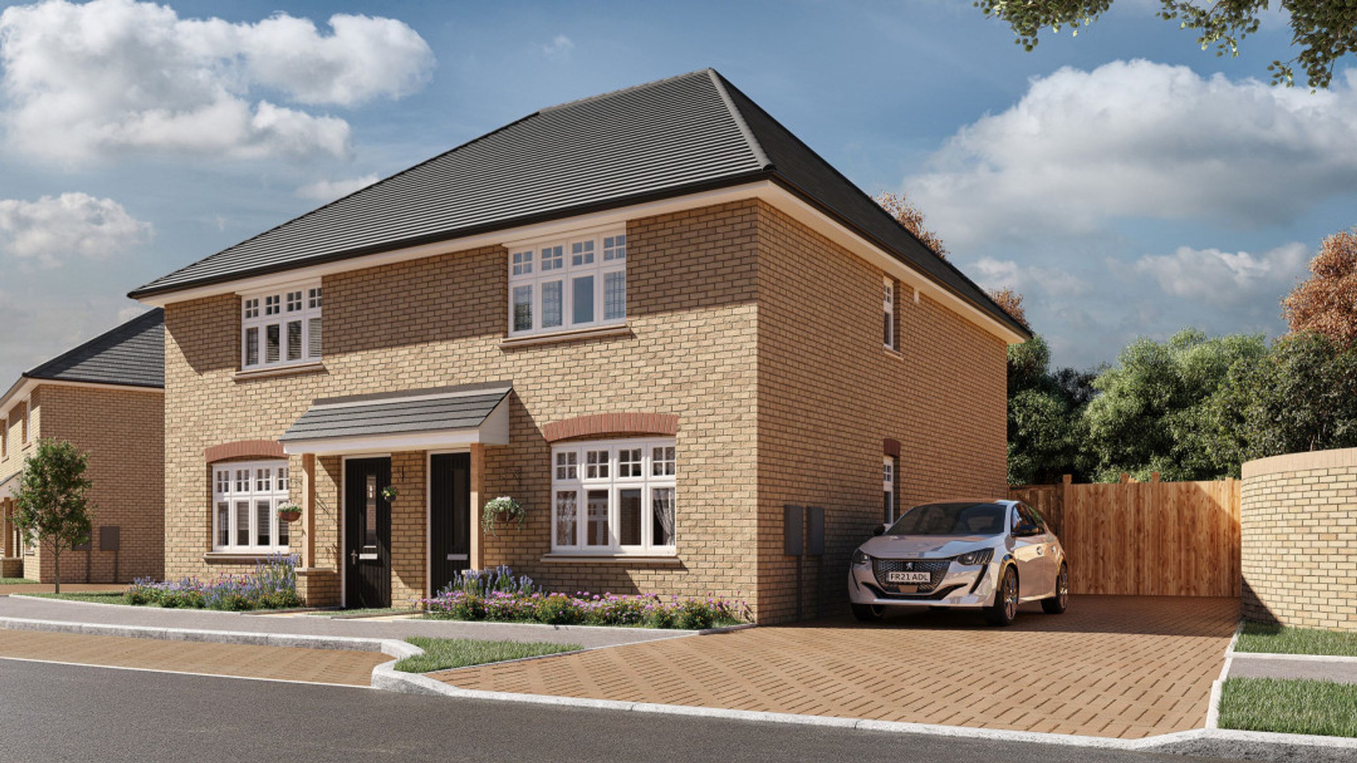 A brick-built semi-detached house with a driveway and a car.