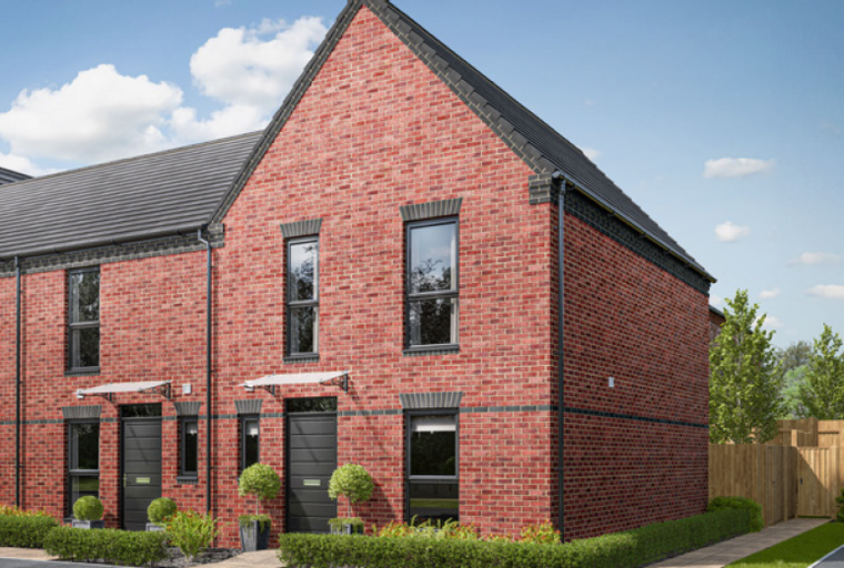 A row of red brick townhouses with dark windows and doors, set against a blue sky with clouds.