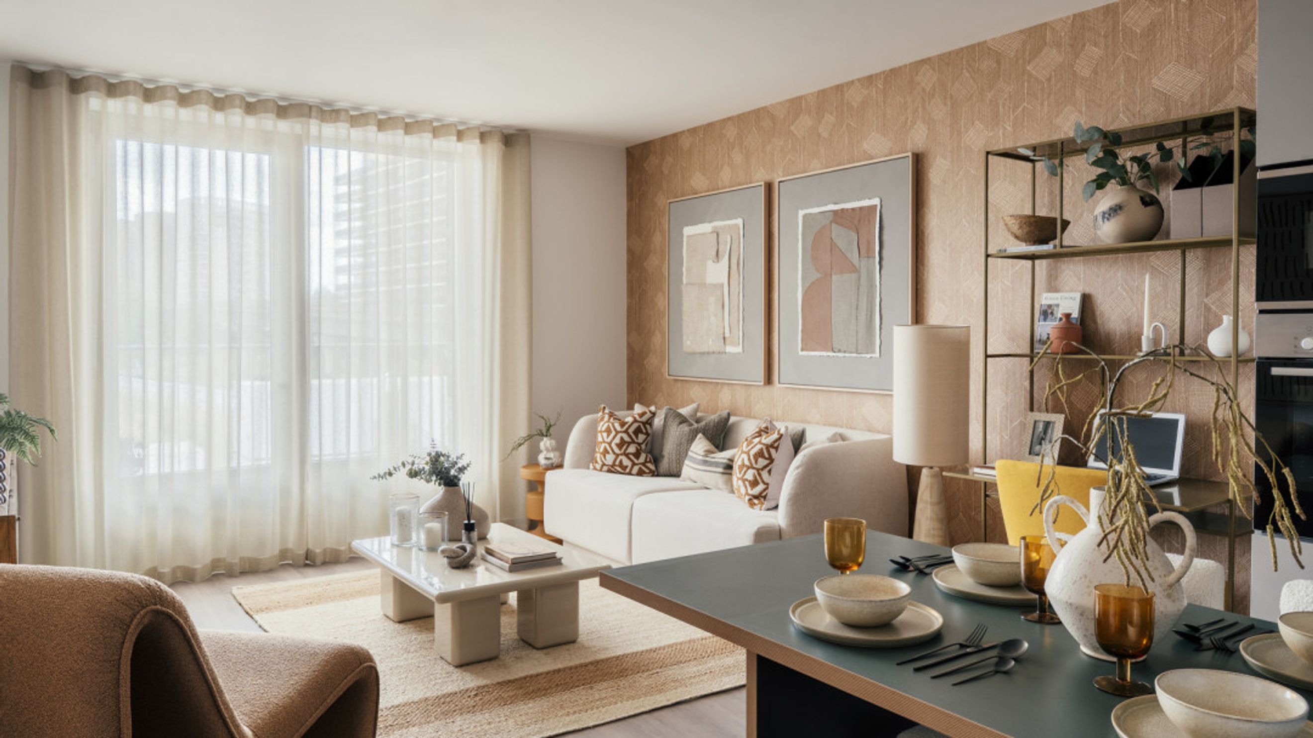 A living and dining area with a sofa, coffee table, dining table, and shelves.