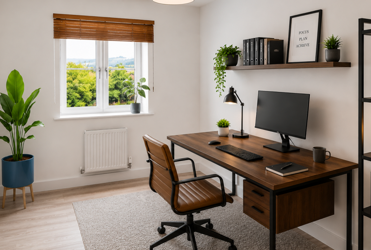 A home office with a desk, computer, chair, and window.