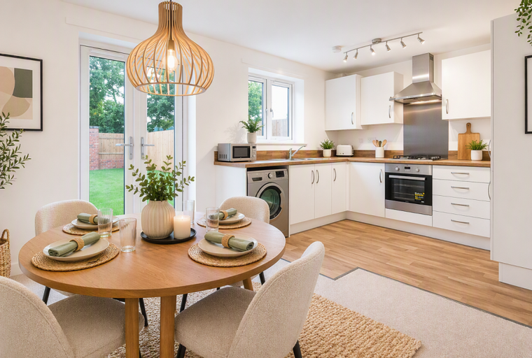 A dining area and kitchen with a round table, chairs, white cabinets, and a washing machine.