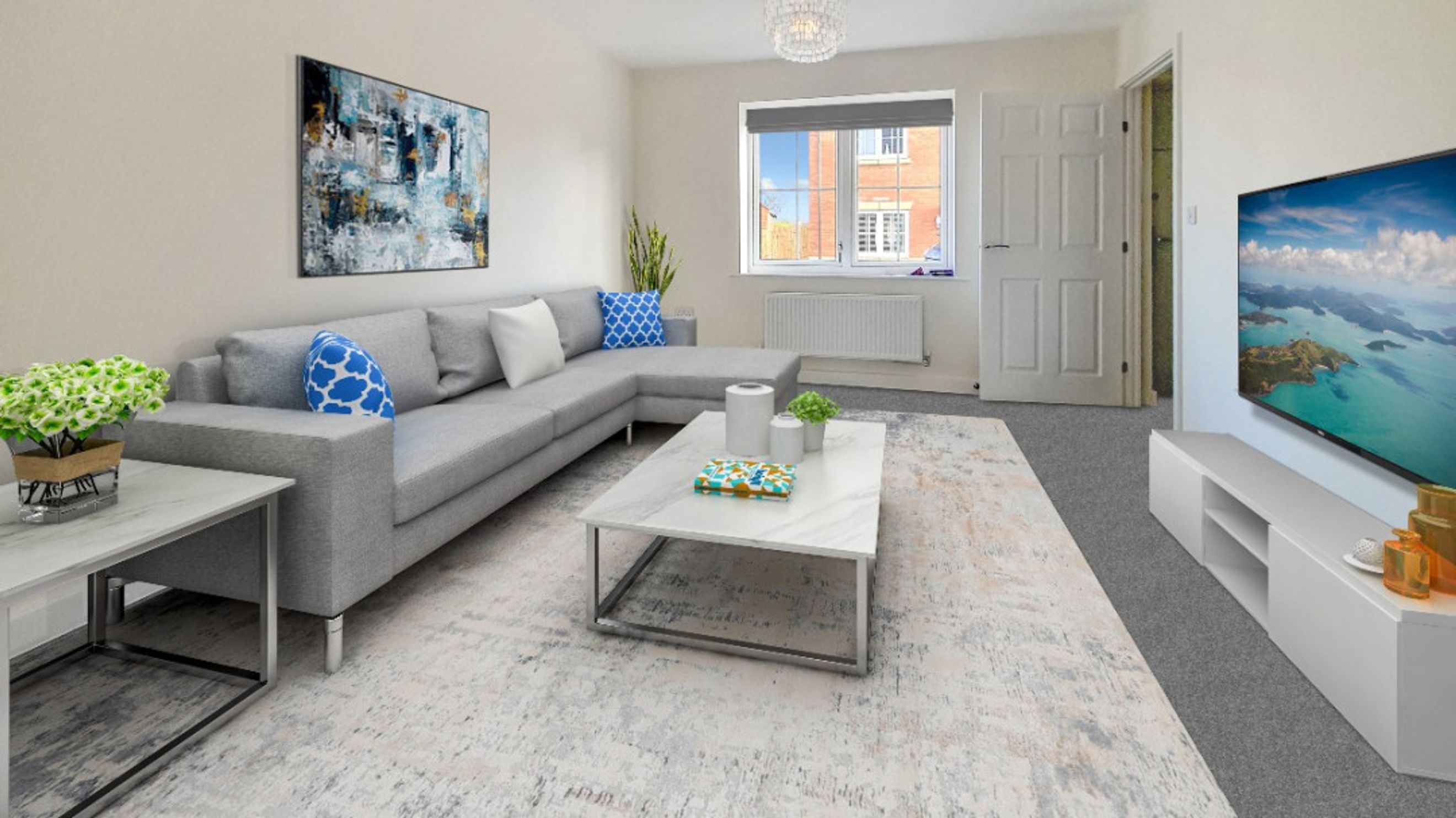 A living room with a sectional sofa, coffee table, artwork, and a television.
