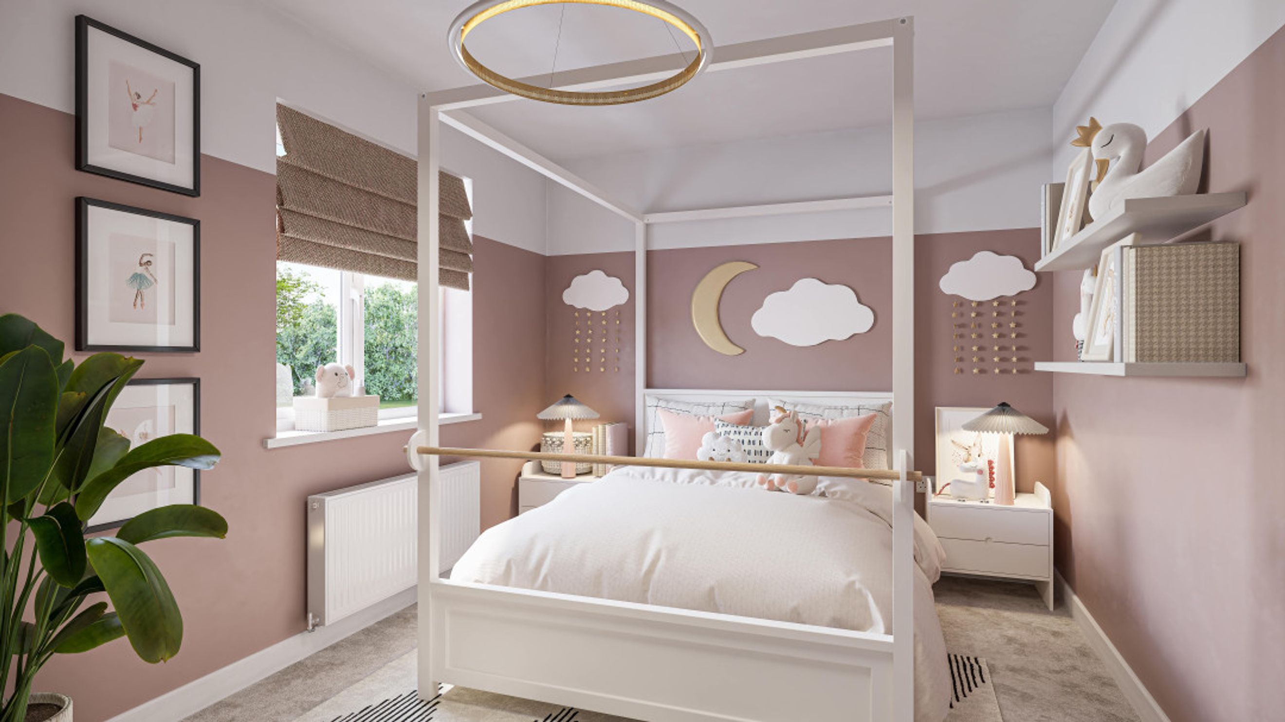 A children's bedroom with a four-poster bed, decorative clouds, and framed artwork.