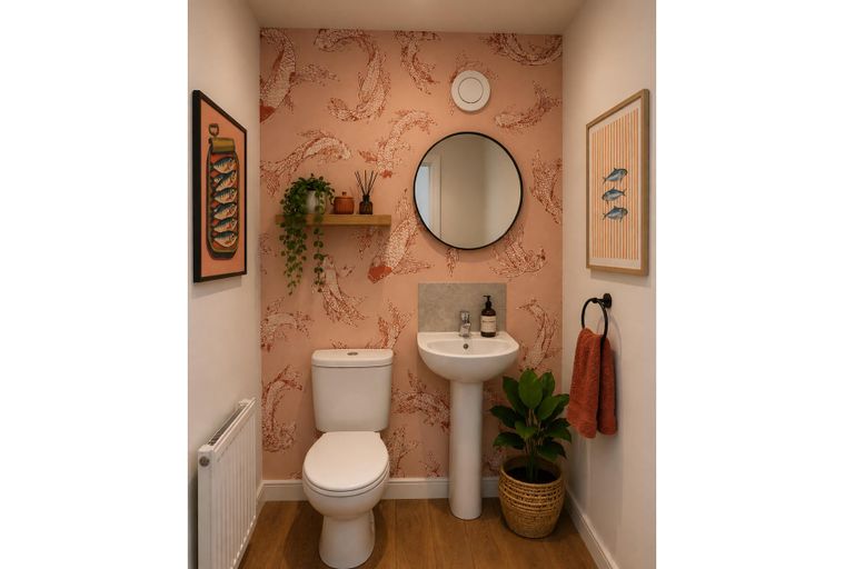 A bathroom with a toilet, sink, mirror, and wallpaper.