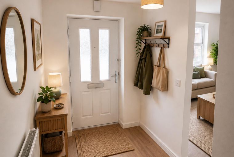 A hallway with a white front door, a console table, a mirror, and a coat rack.