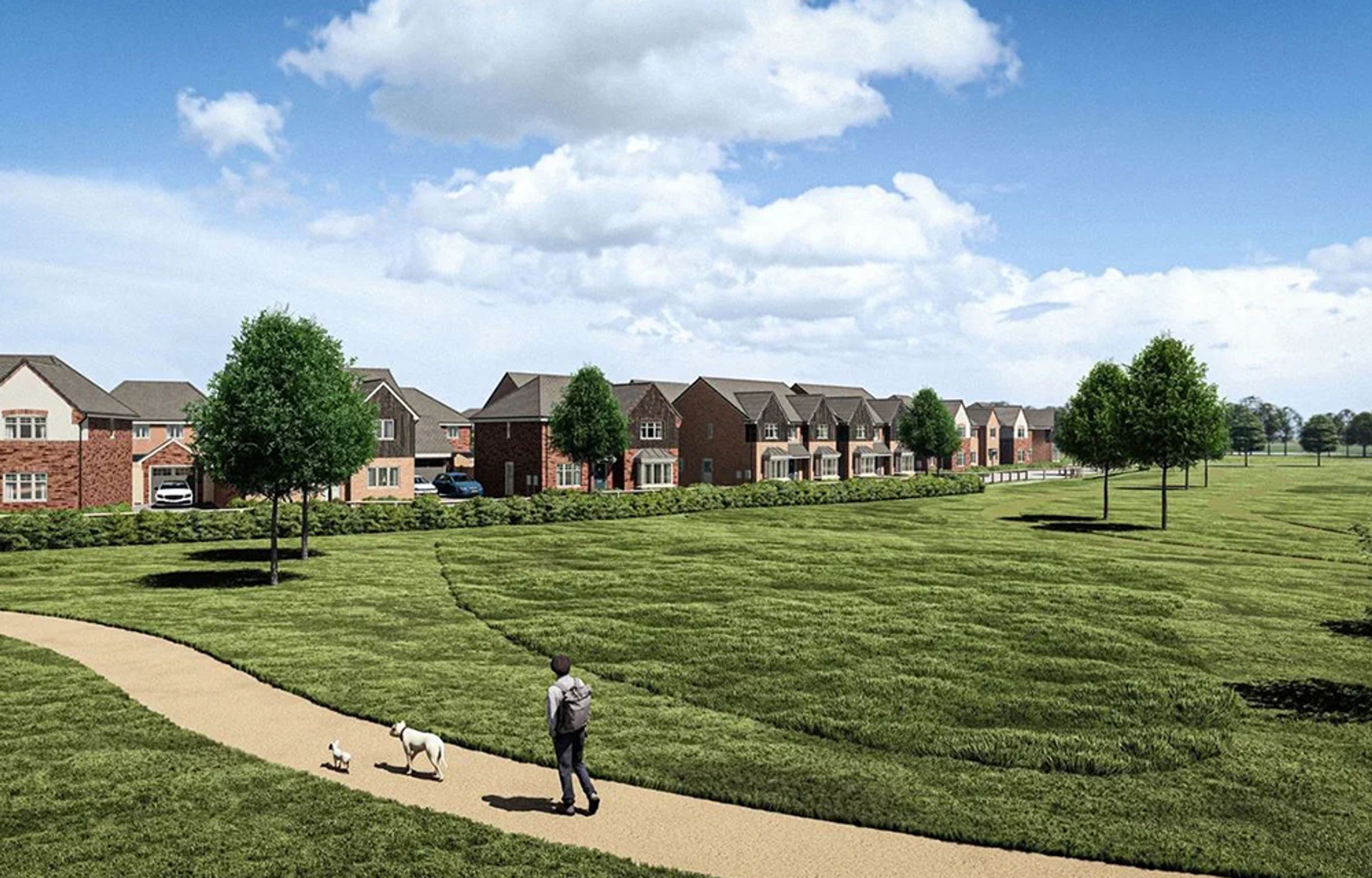A person and a dog walk along a path in a grassy park with houses in the background.