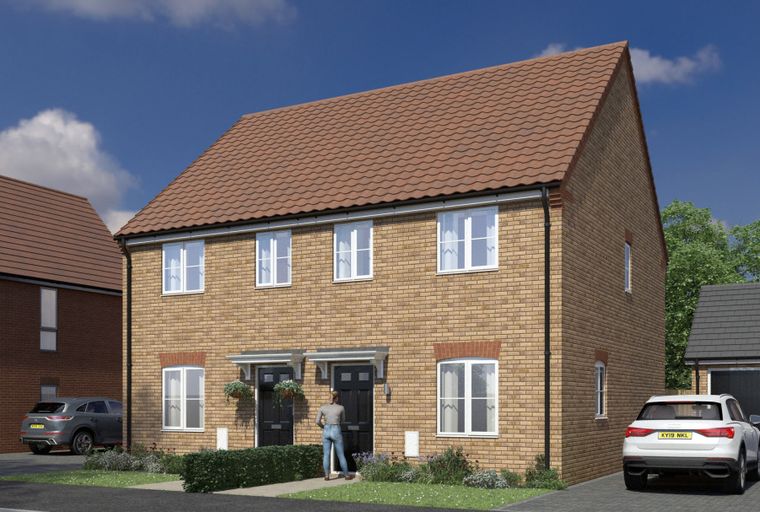 A modern brick semi-detached house with two front doors, windows, and a tiled roof, parked cars, and a garage.