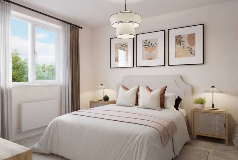 A bedroom with a bed, bedside tables, a window, and artwork.