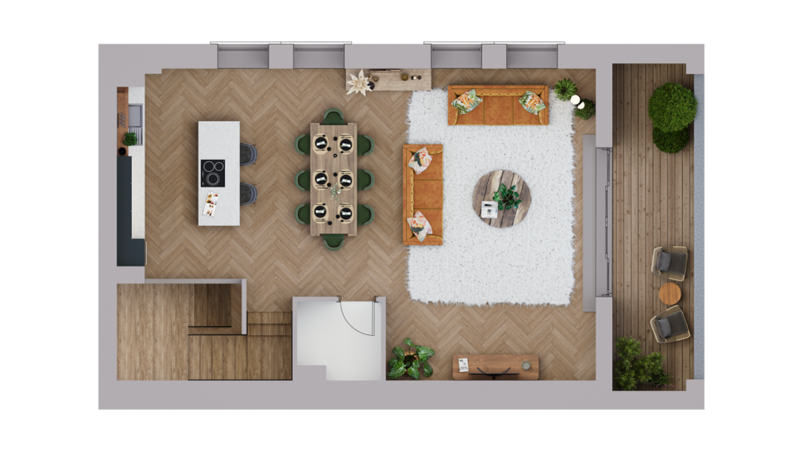 A top-down view of an open-concept living, dining, and kitchen area with a deck.