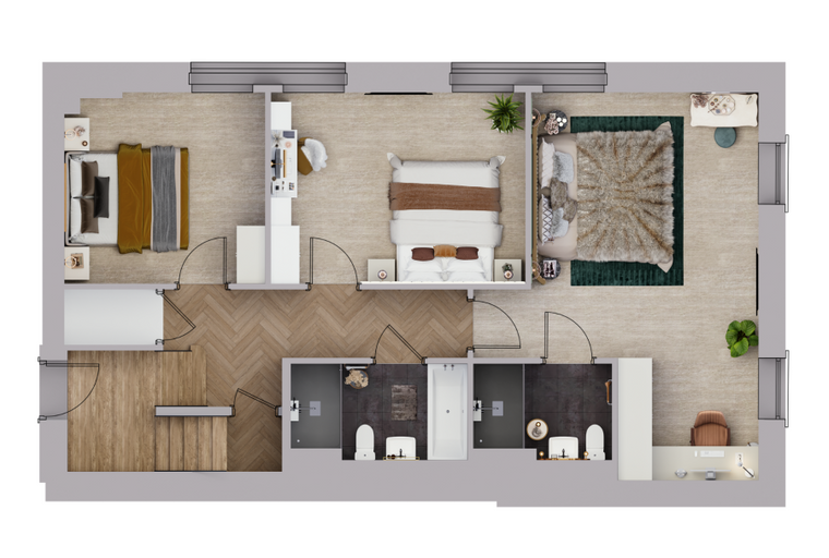 A floor plan of a home with three bedrooms, two bathrooms, and a workspace.