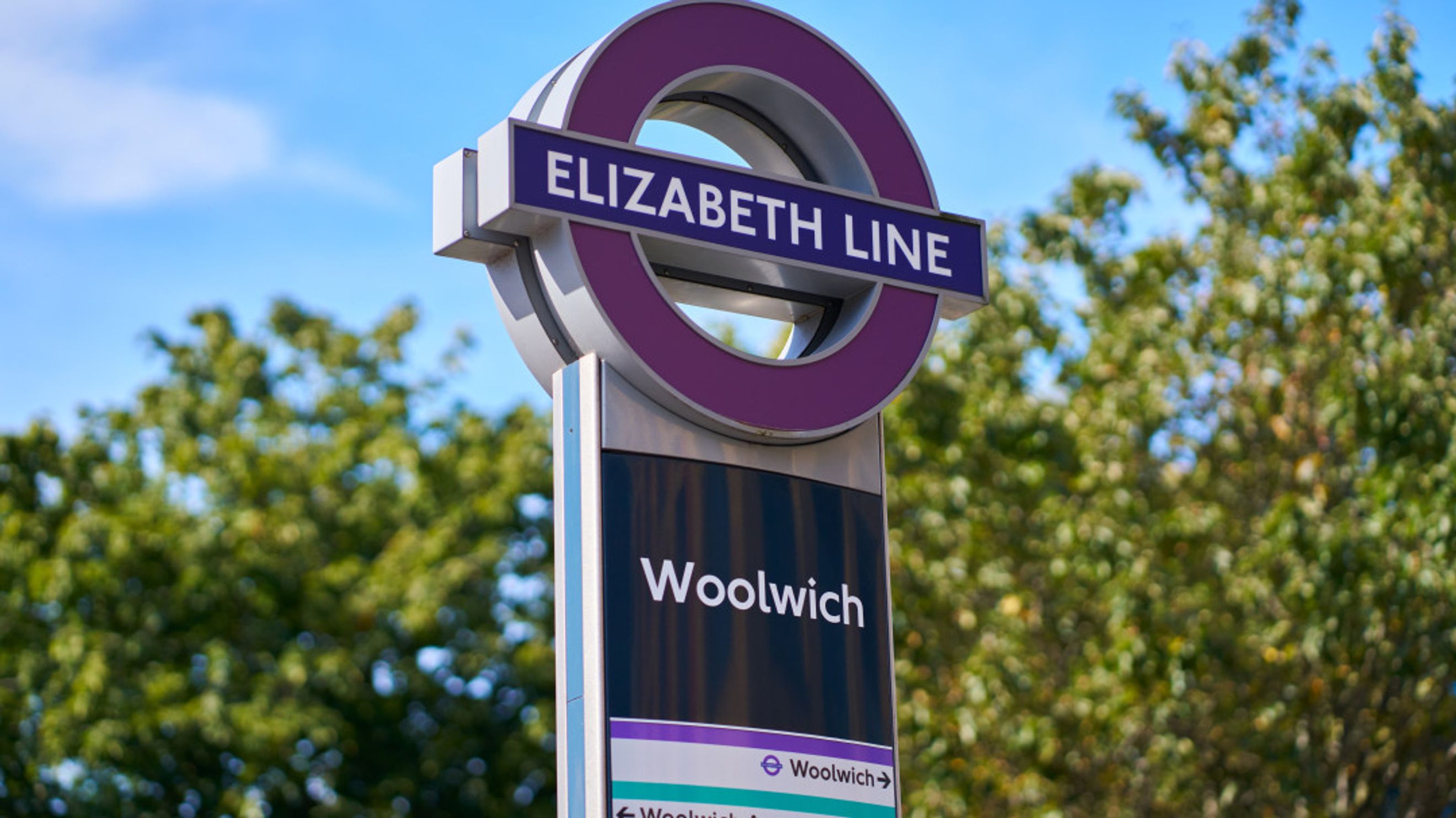 A sign for the Elizabeth Line at Woolwich station.
