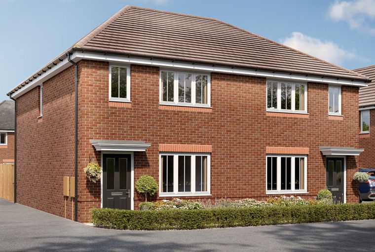 A red brick semi-detached house with white-framed windows and a dark front door.
