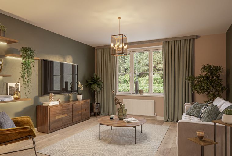 A living room with a sofa, armchair, coffee table, and a television.