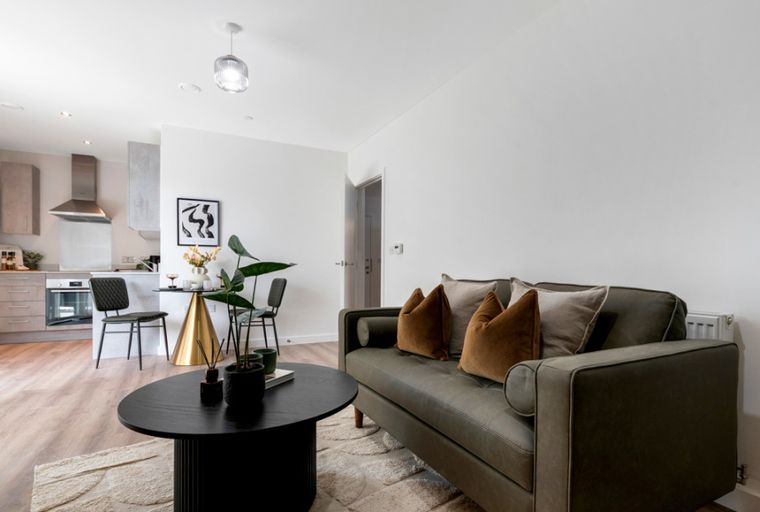 A living room and kitchen area with a sofa, coffee table, and kitchen cabinets.