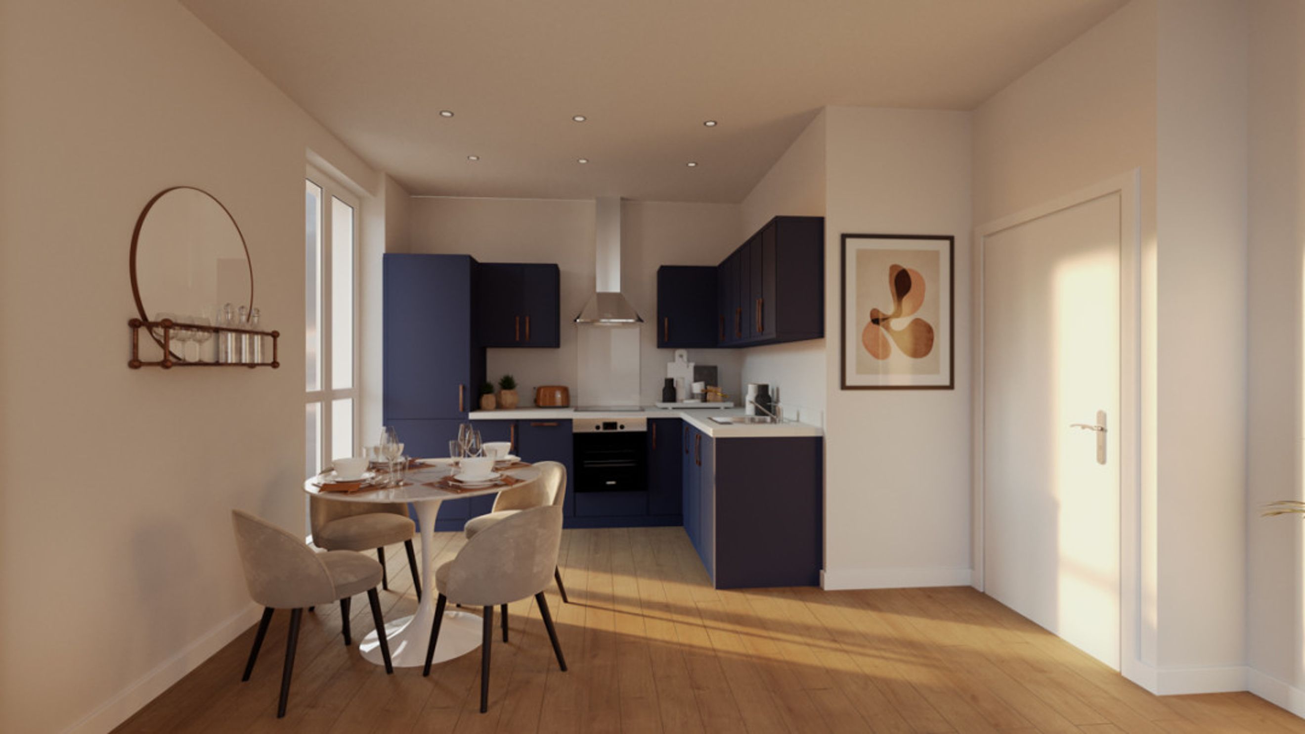 A dining area and kitchen with a round table, chairs, and navy cabinets.