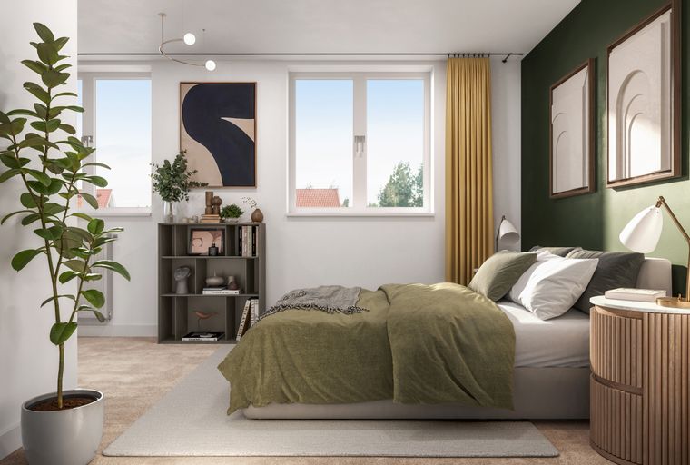 A bedroom with a bed, pillows, a blanket, a nightstand, a shelf, and windows.