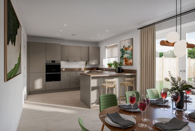 A dining area and kitchen with a table, chairs, and kitchen cabinets.