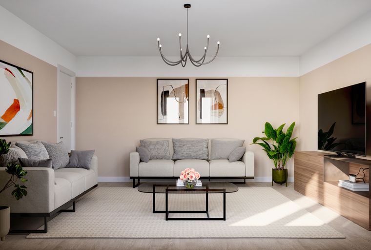 A living room with a sofa, coffee table, and a television.