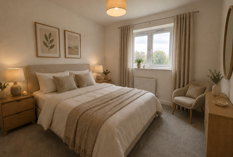 A bedroom with a bed, bedside tables, lamps, artwork, a window, curtains, a chair, and a dresser.