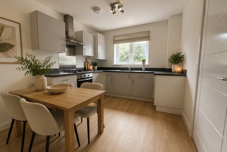 A kitchen and dining area with grey cabinets, a wooden table, and chairs.