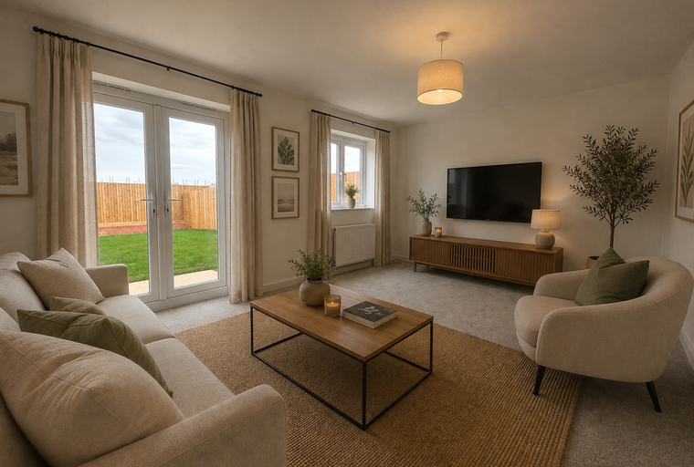 A living room with a sofa, armchair, coffee table, and television.