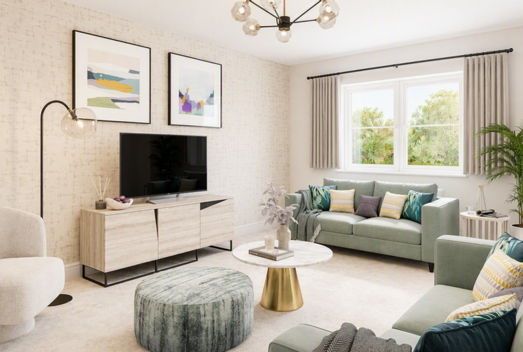 A living room with a sectional sofa, coffee table, and television.