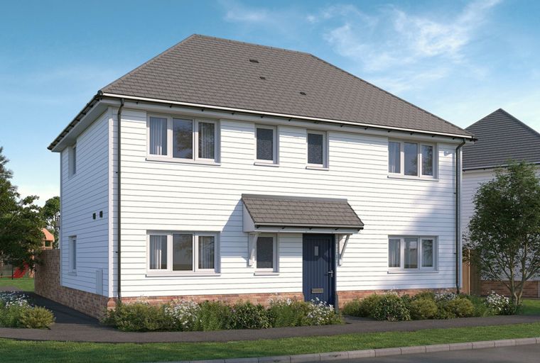 A white two-story house with a gray roof and a blue front door.