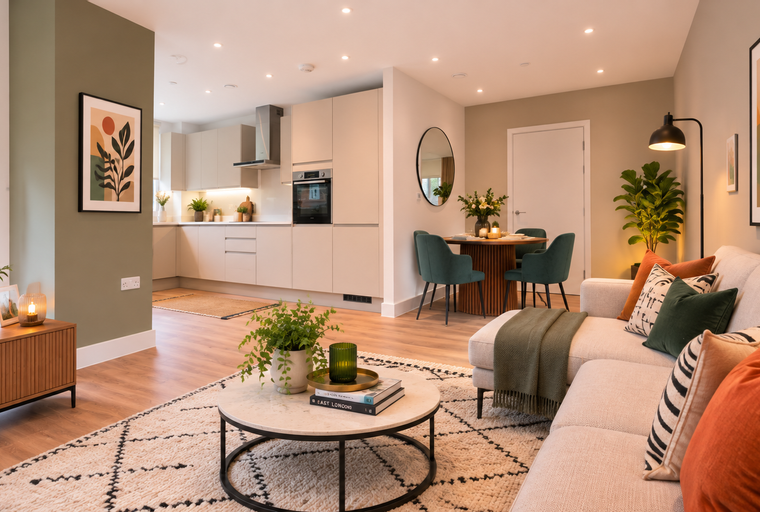 A living room and kitchen area with a sofa, coffee table, dining table, and kitchen cabinets.