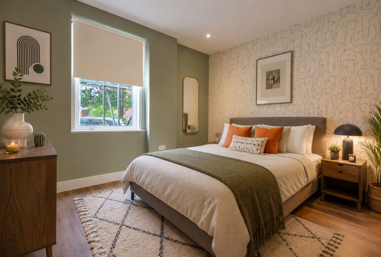 A bedroom with a bed, pillows, a throw blanket, a bedside lamp, and a window.