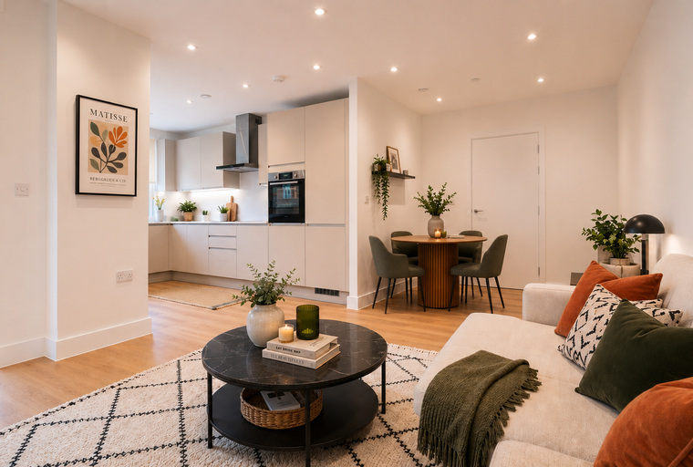 A living room and kitchen area with a dining table and chairs.