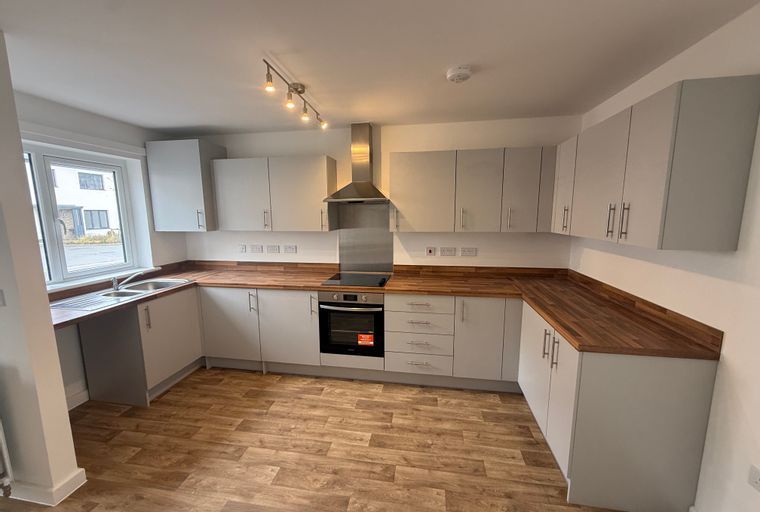 A modern kitchen with grey cabinets, wooden countertops, a sink, and a stove.