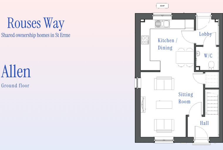 A floor plan of the ground floor of a home labeled 'Allen' at 'Rouses Way', showing a kitchen/dining area, sitting room, lobby, W/C, and hall.