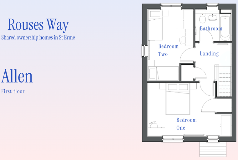 A floor plan of the first floor of the Allen house type, showing two bedrooms, a bathroom, and a landing.
