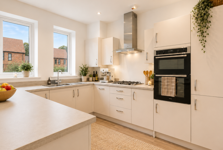 A modern kitchen with cream cabinets, a double oven, and a gas hob.