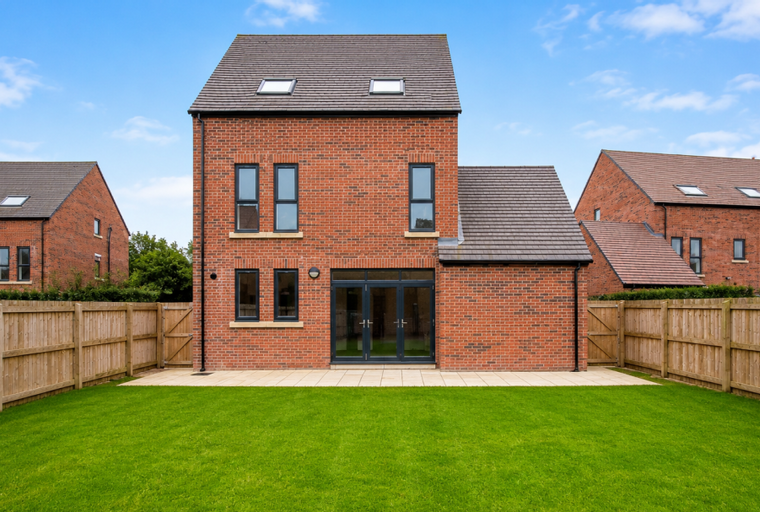 A brick house with a green lawn and a wooden fence under a blue sky.
