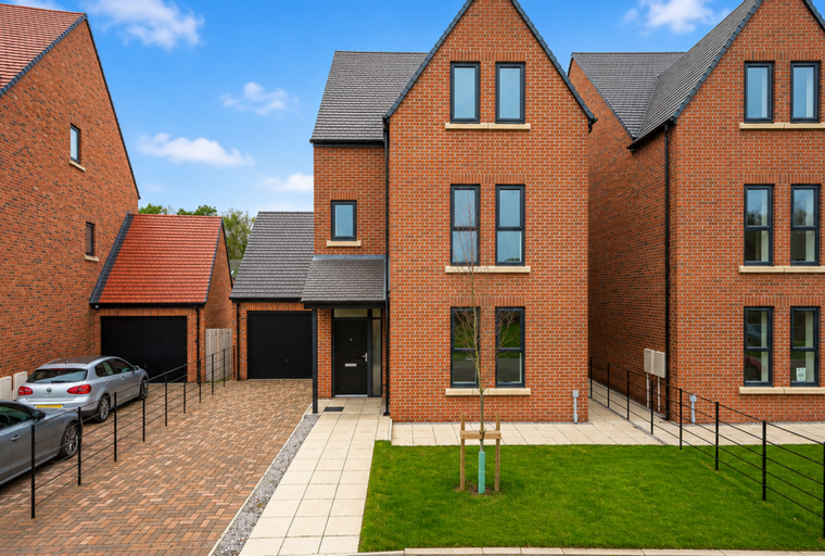 A modern red brick house with a paved driveway and a neatly manicured lawn.