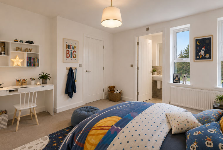 A children's bedroom with a bed, desk, shelves, and windows.