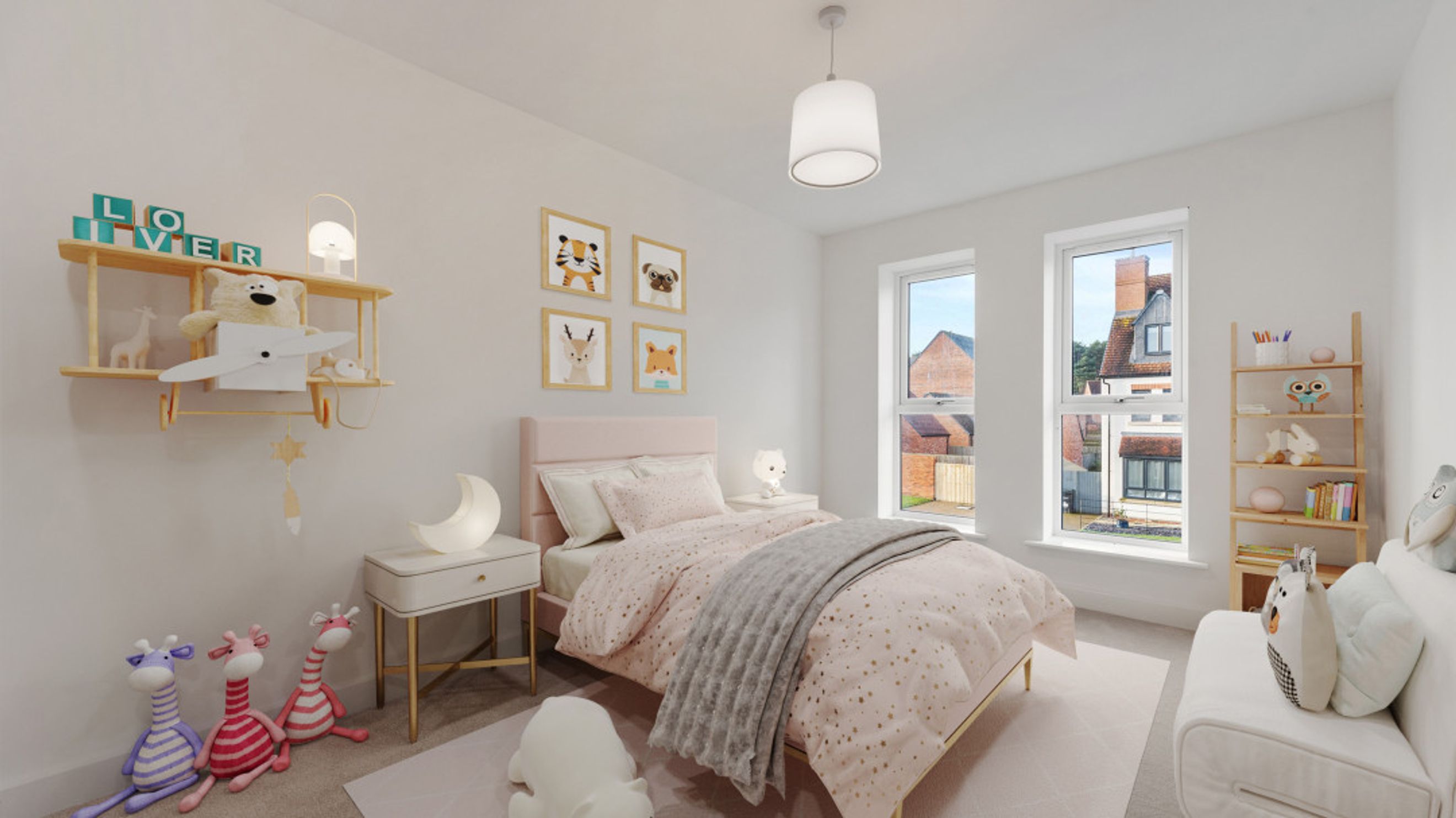 A child's bedroom with a bed, shelves, and stuffed animals.