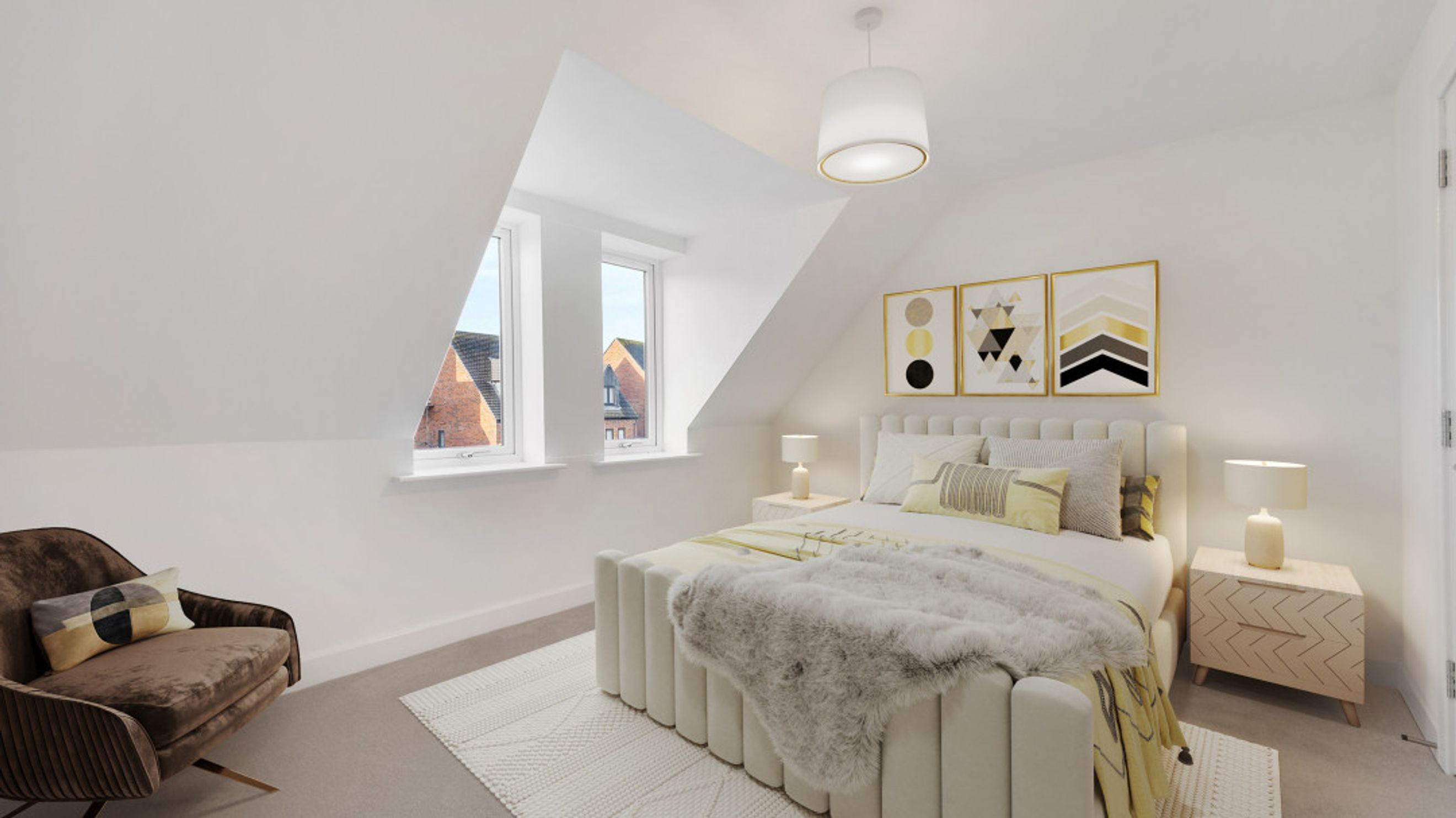 A bedroom with a bed, a chair, and two windows.
