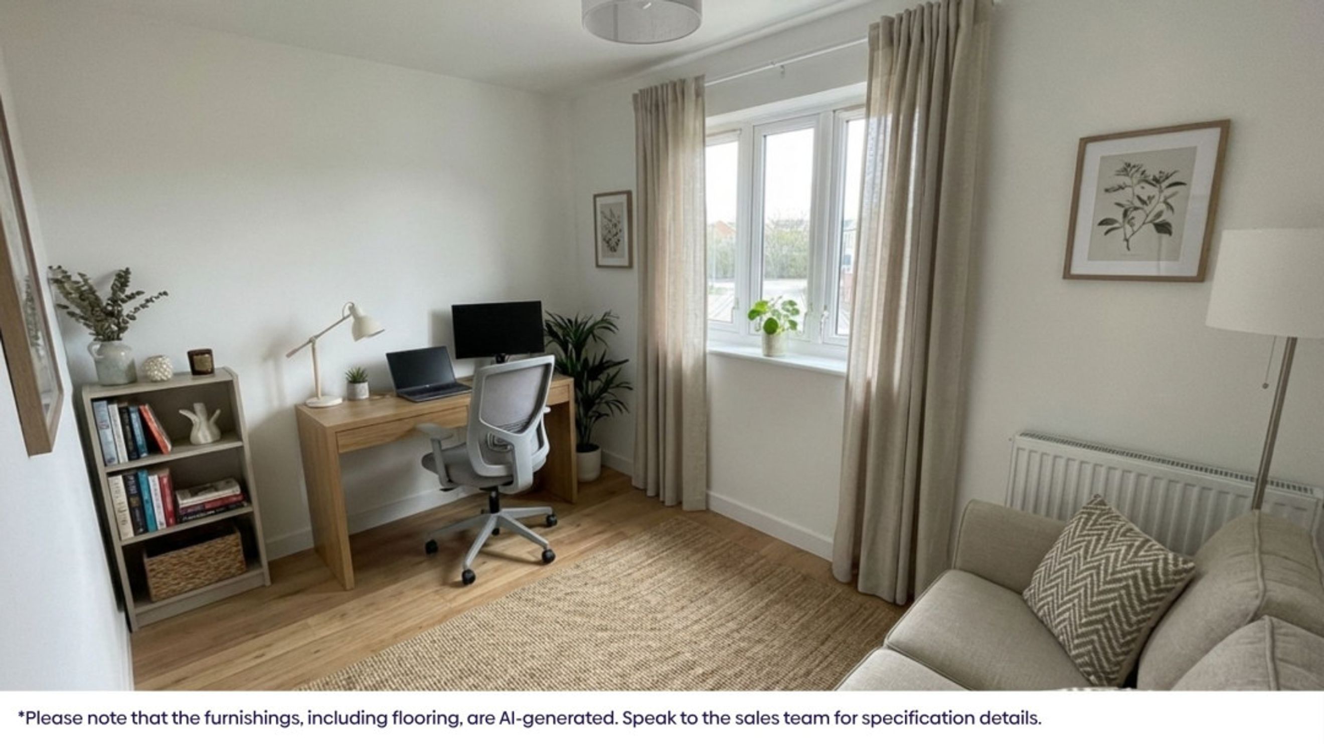 A home office with a desk, chair, computer, and sofa.