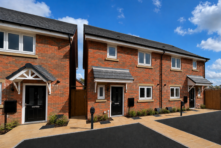 A row of new brick houses with black front doors and white windows under a blue sky.