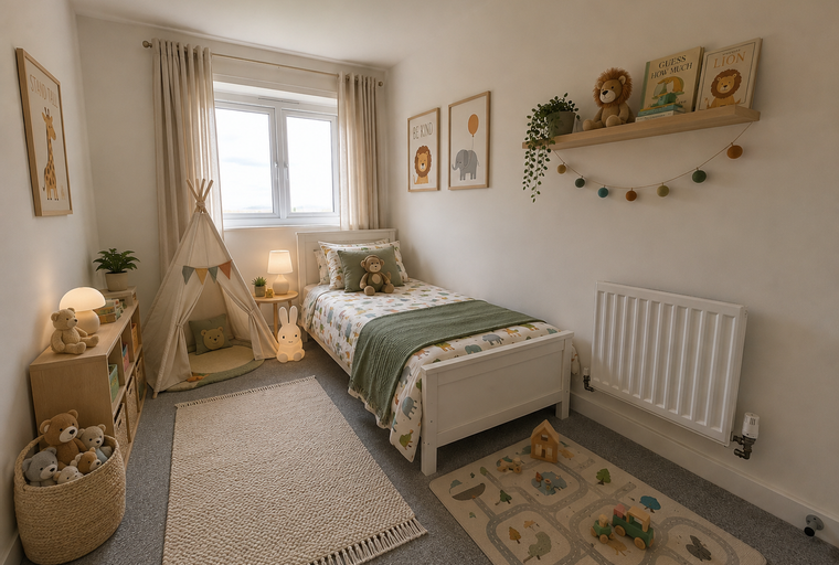 A child's bedroom with a bed, a teepee, and stuffed animals.