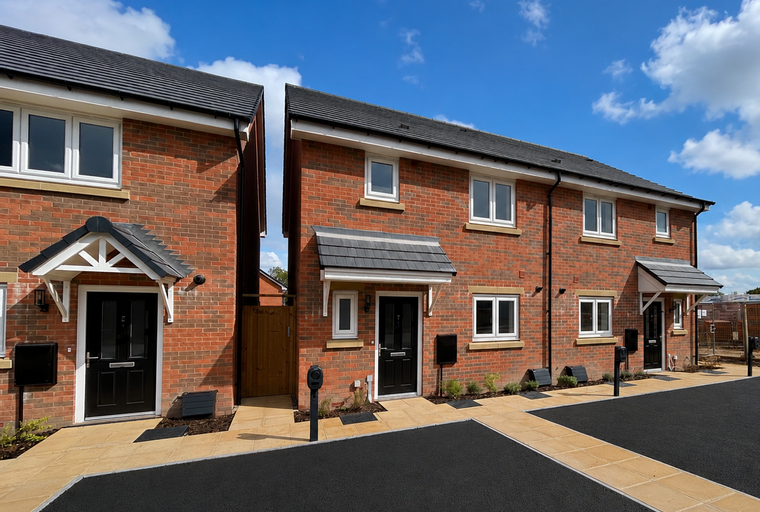 A row of new brick houses with black front doors and white windows under a blue sky.