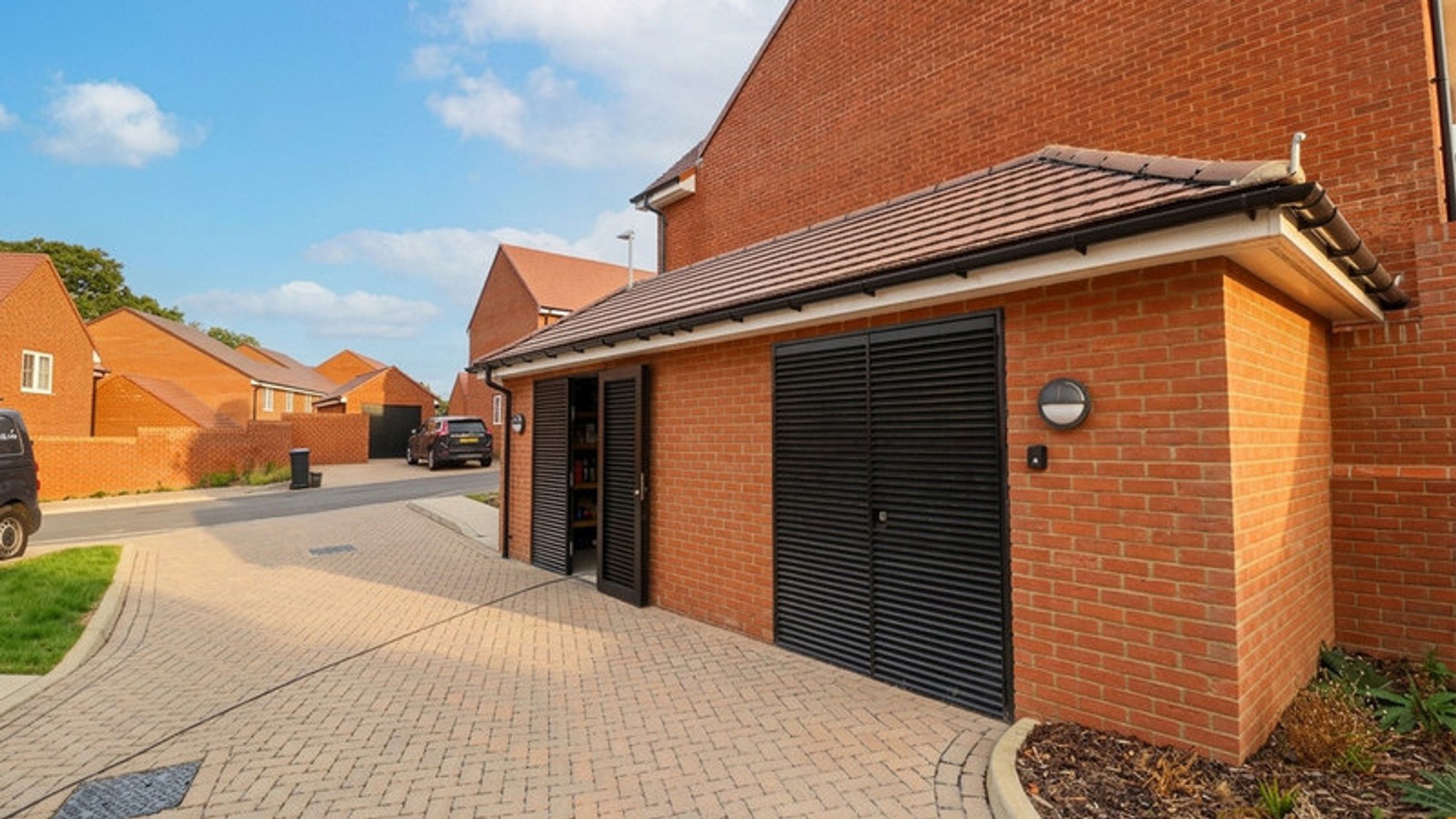 A brick garage with black louvered doors and a paved driveway.
