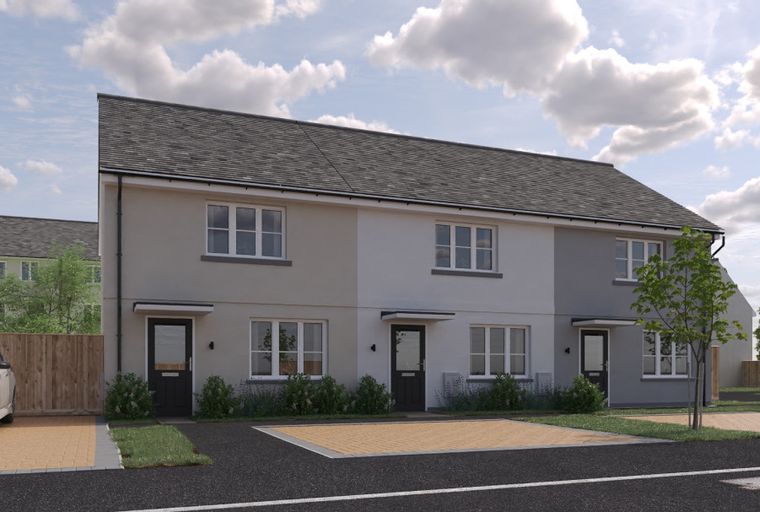 A row of modern townhouses with grey tiled roofs and two-tone exteriors.