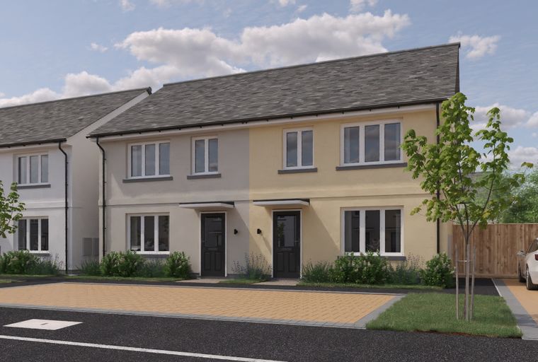 A row of semi-detached houses with light grey and yellow facades under a grey tiled roof.