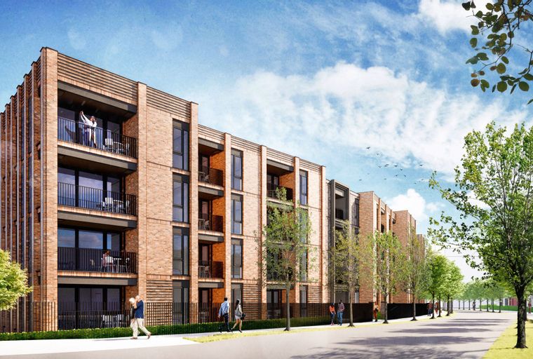 A modern apartment building with brick exterior and balconies, lined with trees and a sidewalk.