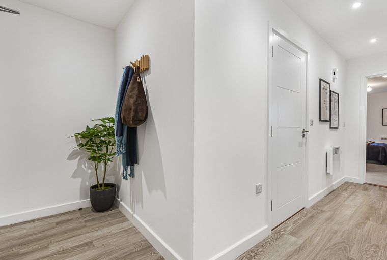 A hallway with a wooden door, coat rack, plant, and laminate flooring, leading to a bedroom.